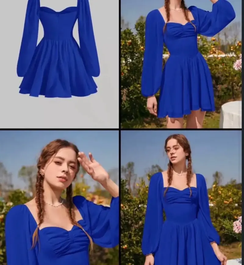 Vestido azul con mangas largas abullonadas - 2