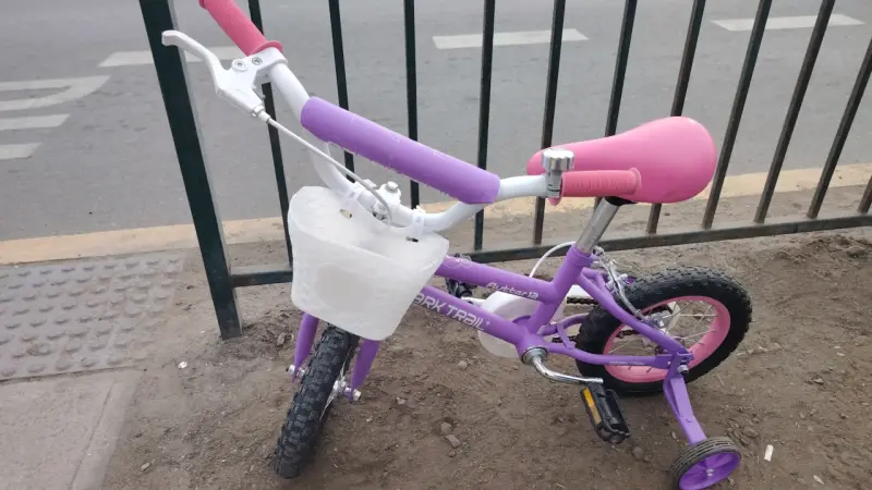 Bicicleta infantil morada con ruedas de apoyo
