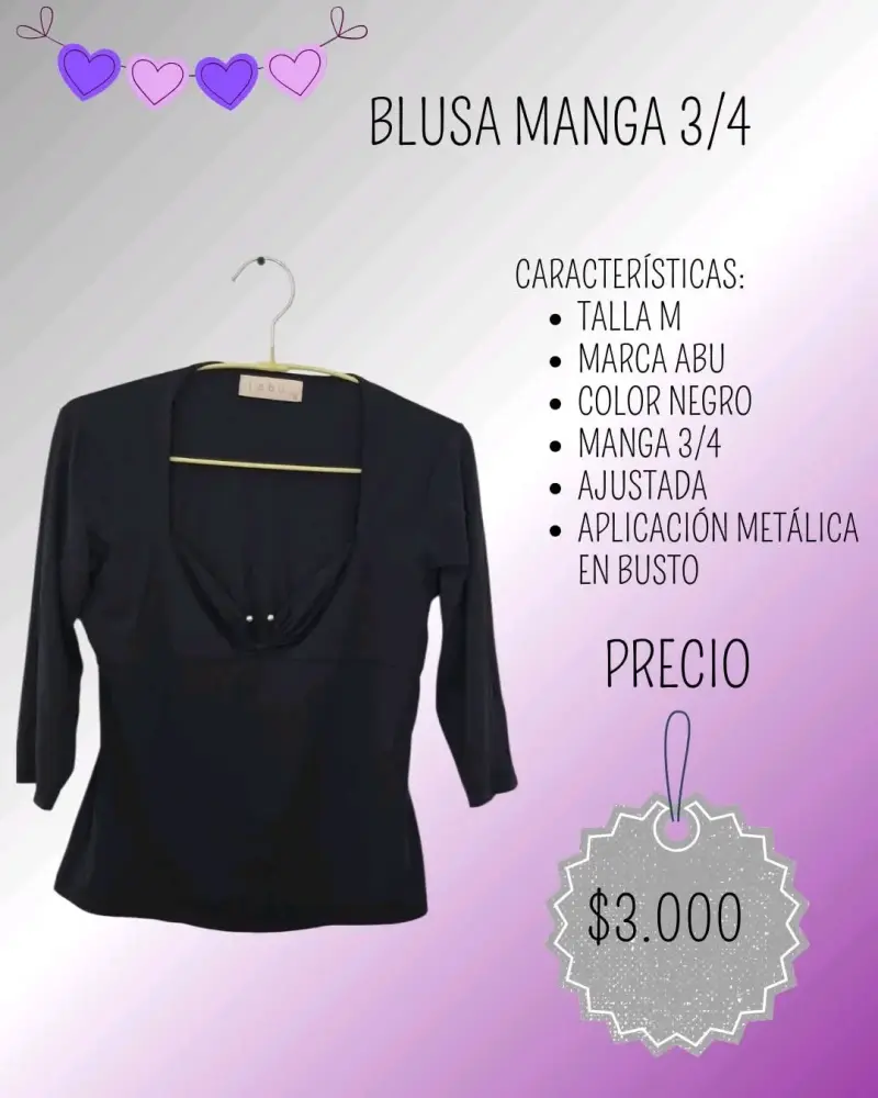 Blusa Negra Manga 3/4 Ajustada Abu