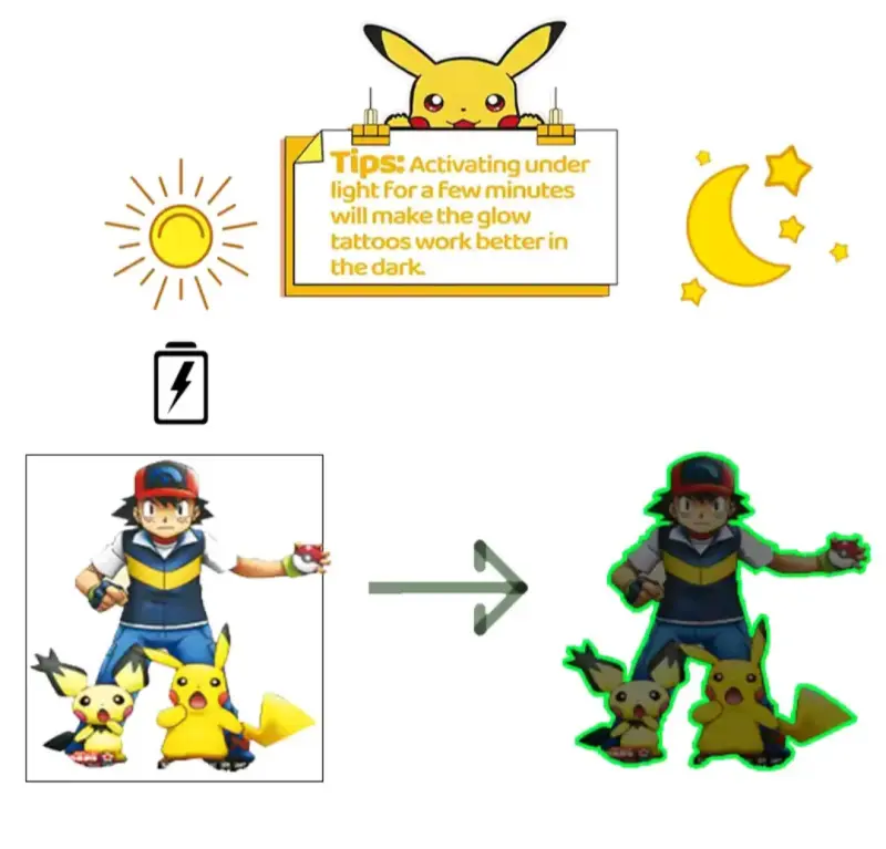 Tatuaje Temporales Pokémon Brillan en la Oscuridad - 5