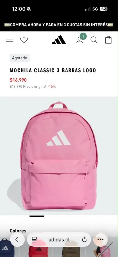 Mochila Adidas Classic 3 Barras Rosa - miniatura 1