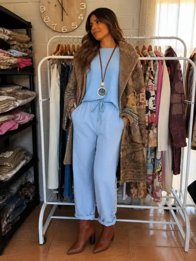 Conjunto de Mujer Azul con Abrigo Estampado - miniatura 1