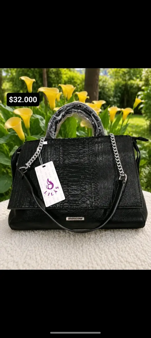 Cartera negra de cuero con cadena