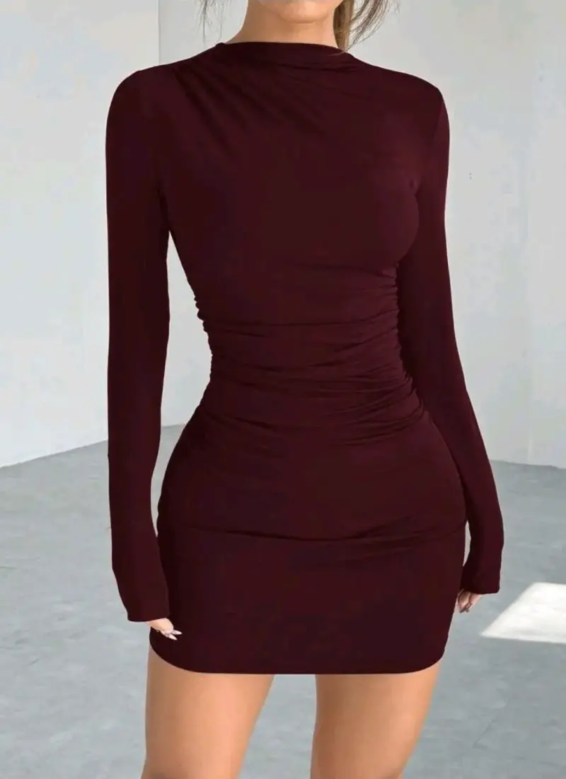 Vestido ajustado manga larga burdeos - 1