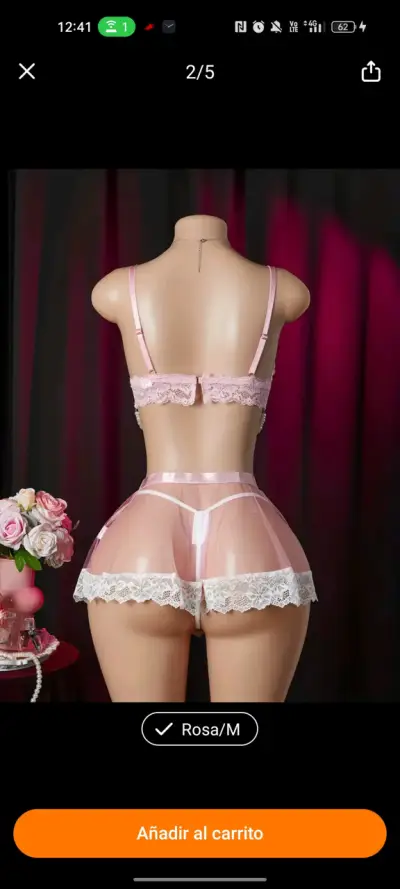 Conjunto de lencería rosa con encaje y lazos - miniatura 2