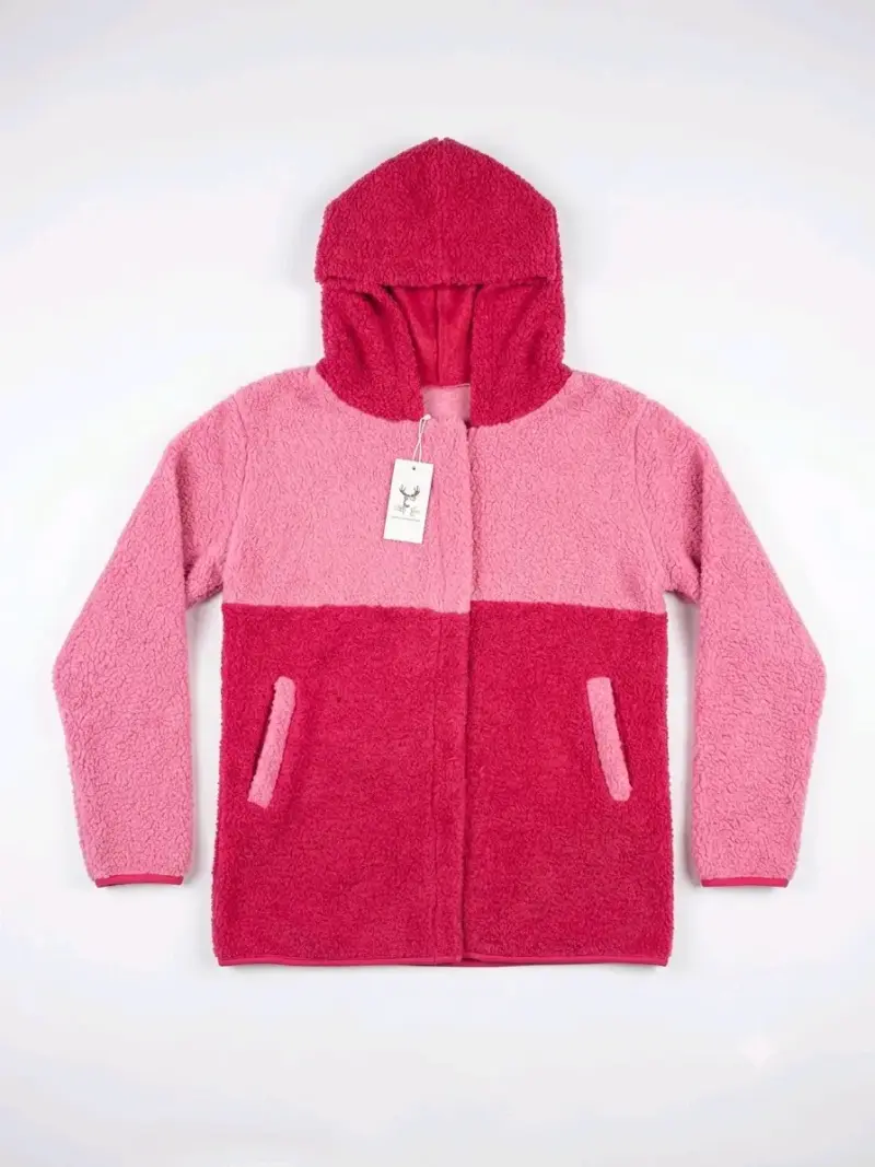 Chaqueta de lana con capucha bicolor rosa y fucsia