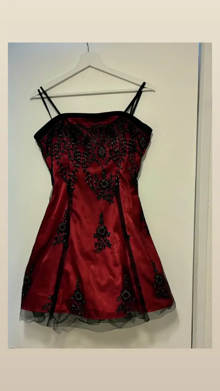 Vestido Corto Elegante - Rojo, Negro, Encaje, Tul - 2
