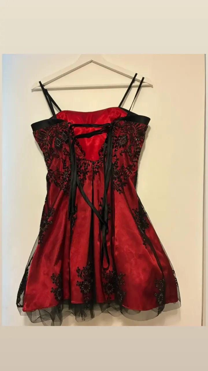 Vestido Corto Elegante - Rojo, Negro, Encaje, Tul - 3