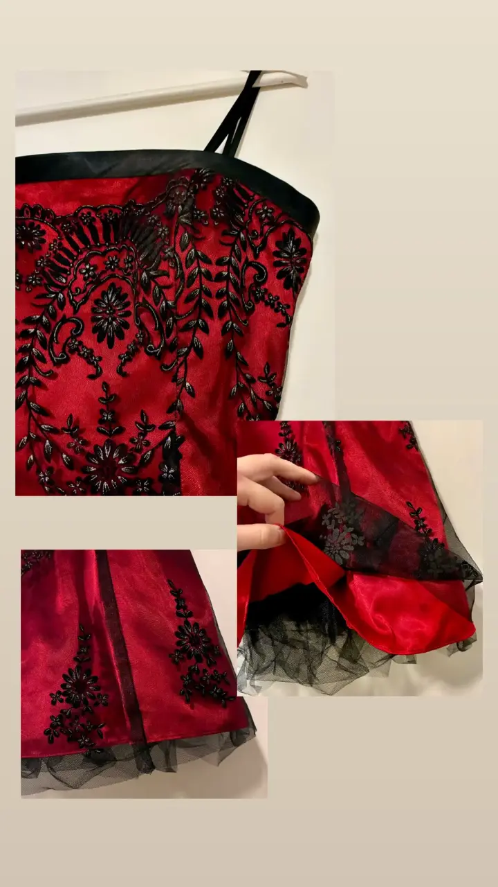 Vestido Corto Elegante - Rojo, Negro, Encaje, Tul - 4