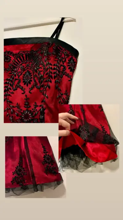 Vestido Corto Elegante - Rojo, Negro, Encaje, Tul - miniatura 4