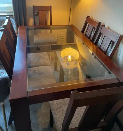 Juego de comedor de vidrio y madera para 6 personas - miniatura 1