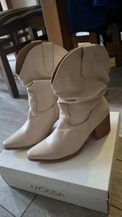 Botines de cuero beige Mossa con taco - miniatura 3