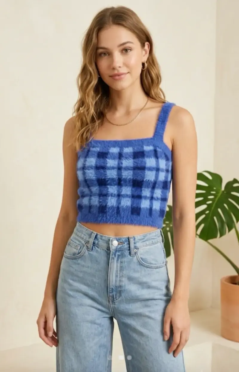 Top de tirantes azul a cuadros para mujer - 4