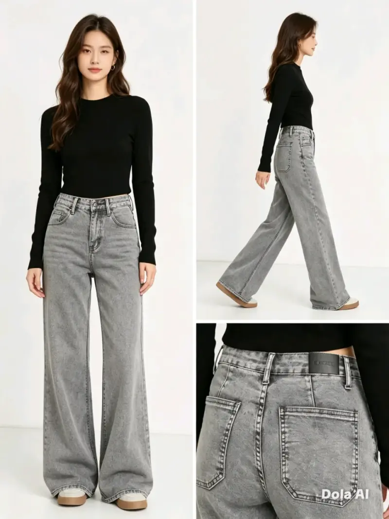 Jeans anchos grises de mujer con estilo moderno - 1