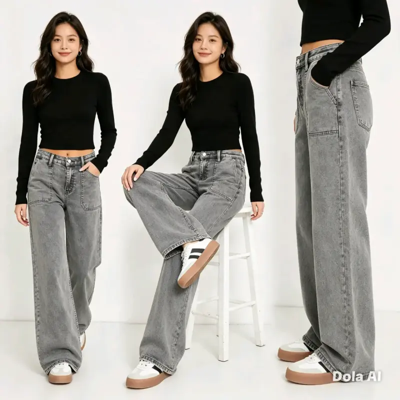Jeans anchos grises de mujer con estilo moderno - 4