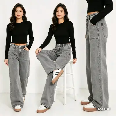 Jeans anchos grises de mujer con estilo moderno - miniatura 4