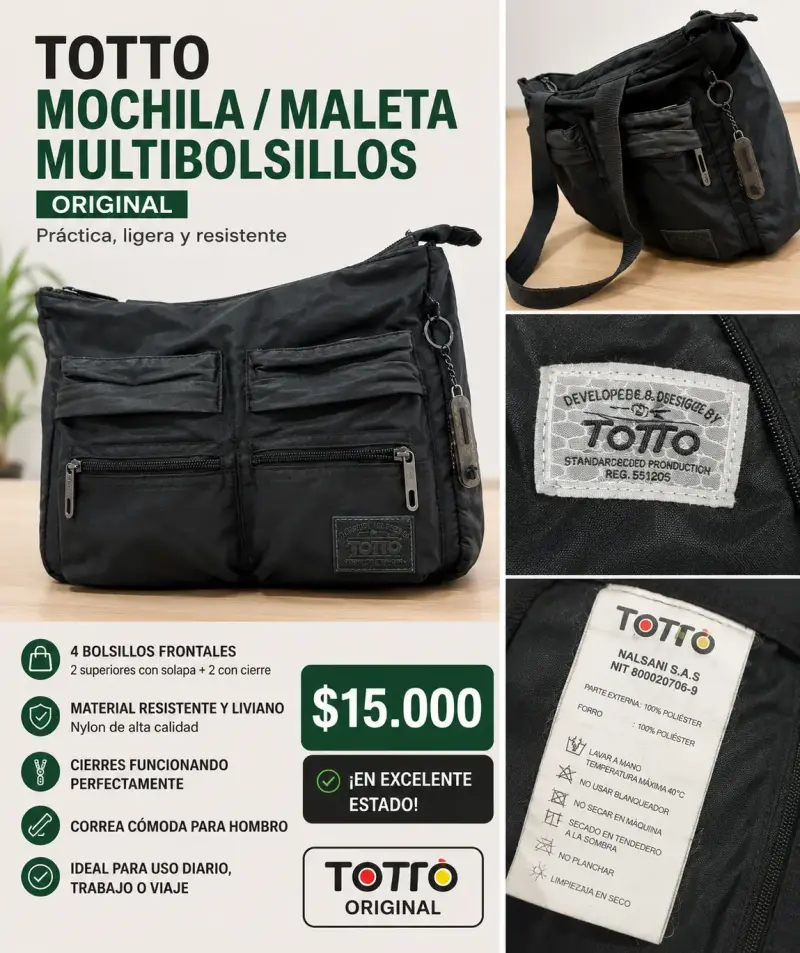 Mochila negra Totto con múltiples bolsillos - 5