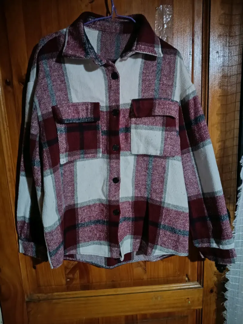Camisa de franela a cuadros burdeos y blanco - 2