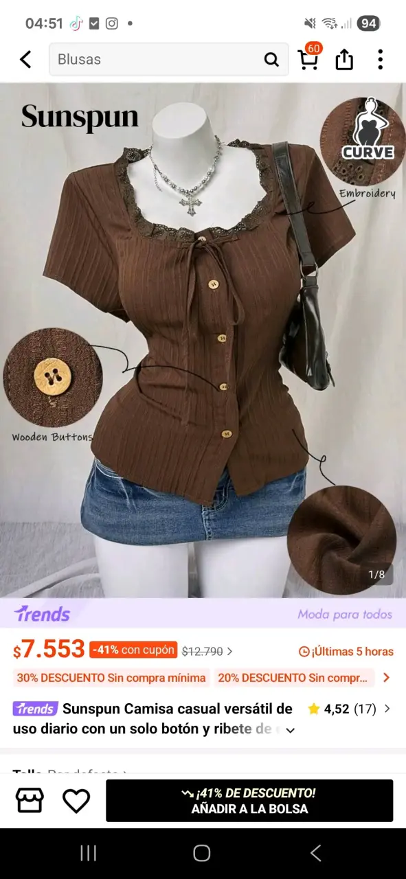 Blusa casual marrón con botones de madera - 1