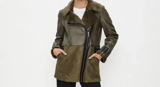 Chaqueta cuero verde oliva con forro de piel ASH - 1