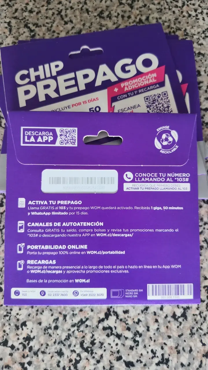 Chip prepago WOM 1GB y 50 minutos - 2