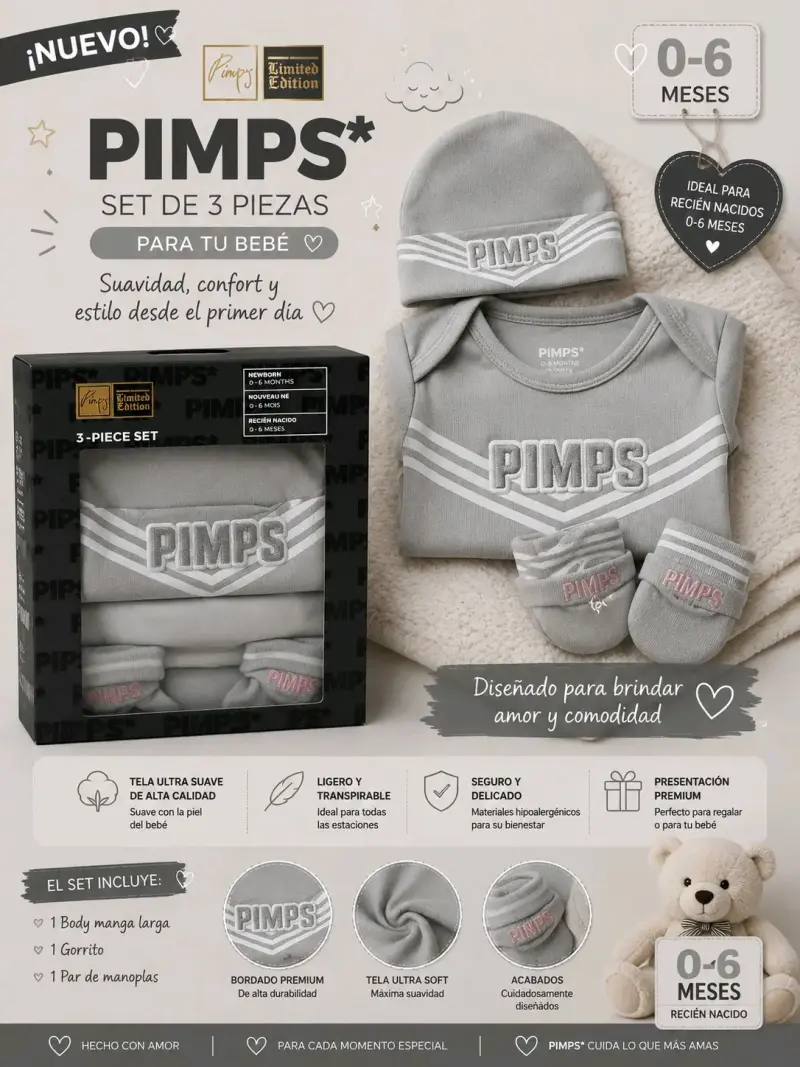 Set de Ropa para Bebé Pimps 3 Piezas Gris - 1