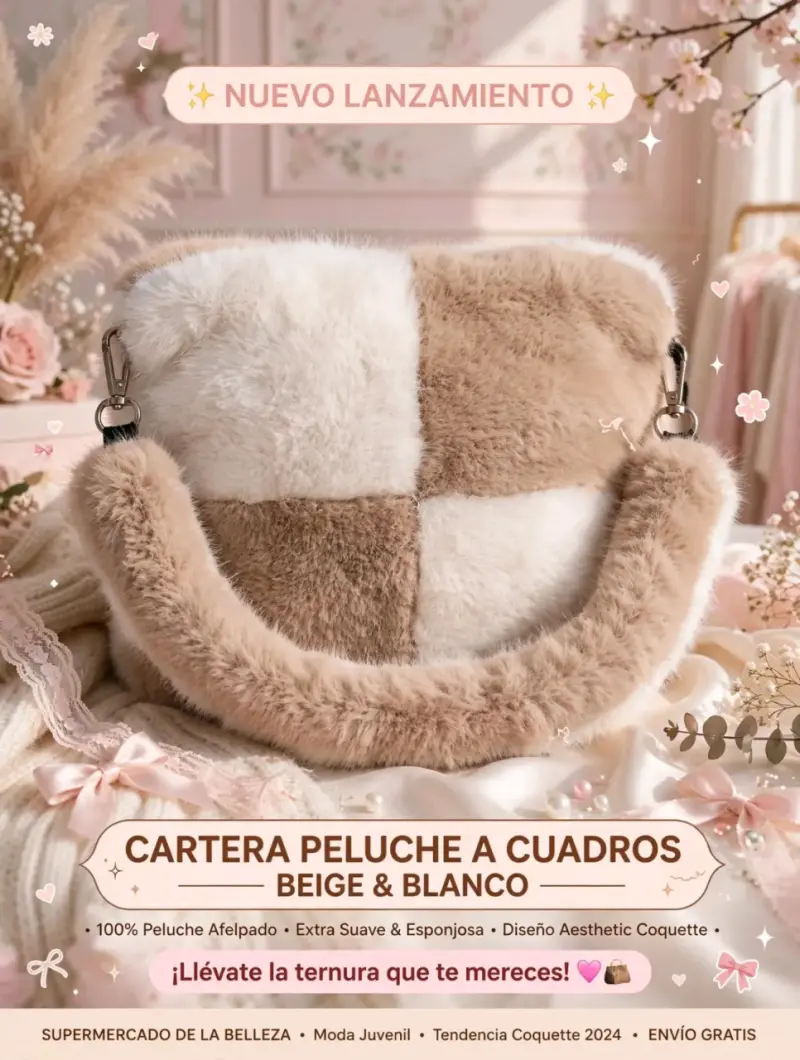 Cartera de Peluche a Cuadros Beige y Blanco