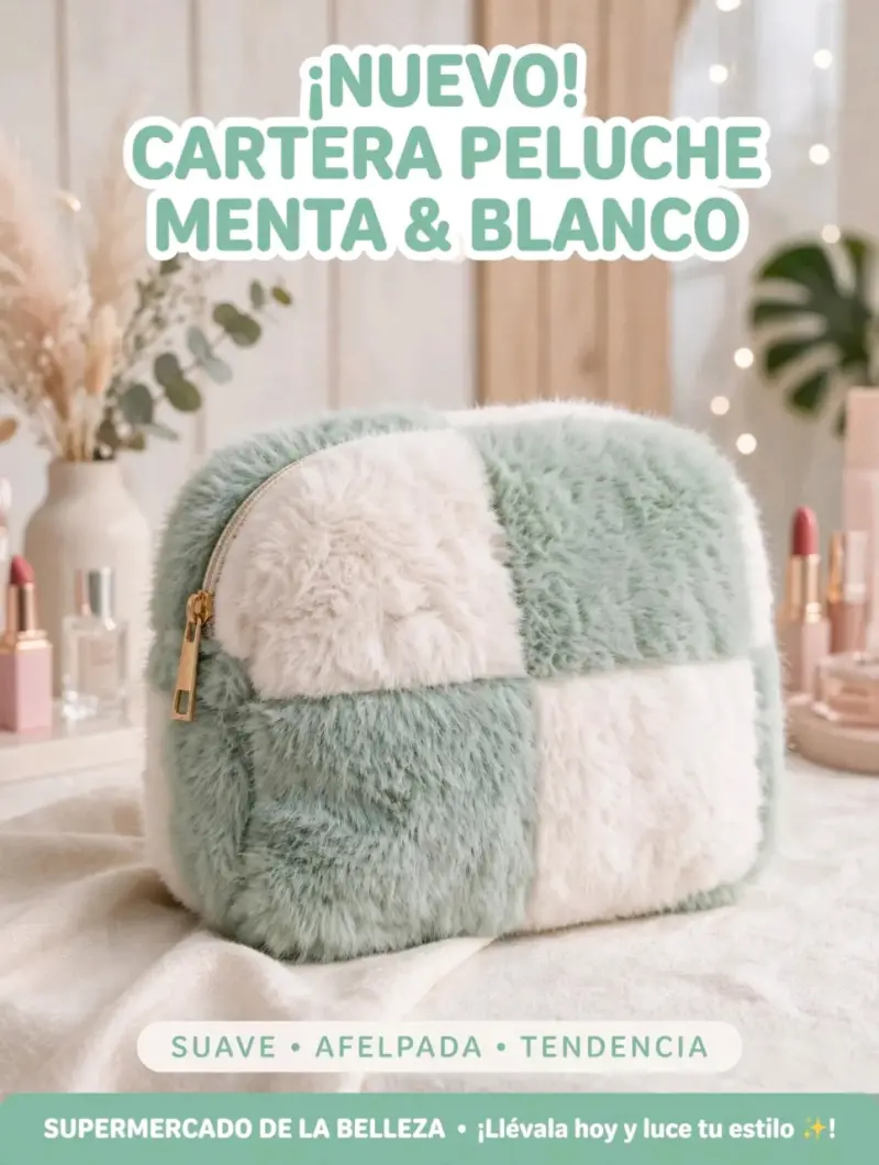 Cartera de Peluche a Cuadros Beige y Blanco - 2