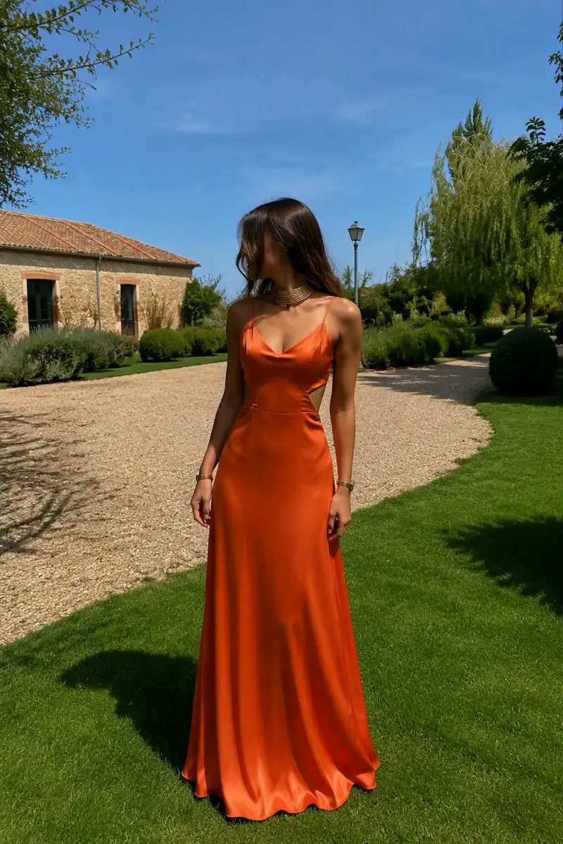 Vestido largo de satén naranja elegante - 1