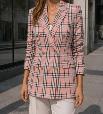 Blazer de cuadros rosa para mujer - miniatura 1