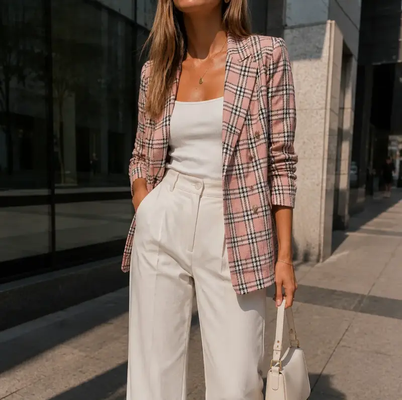 Blazer de cuadros rosa para mujer - 2