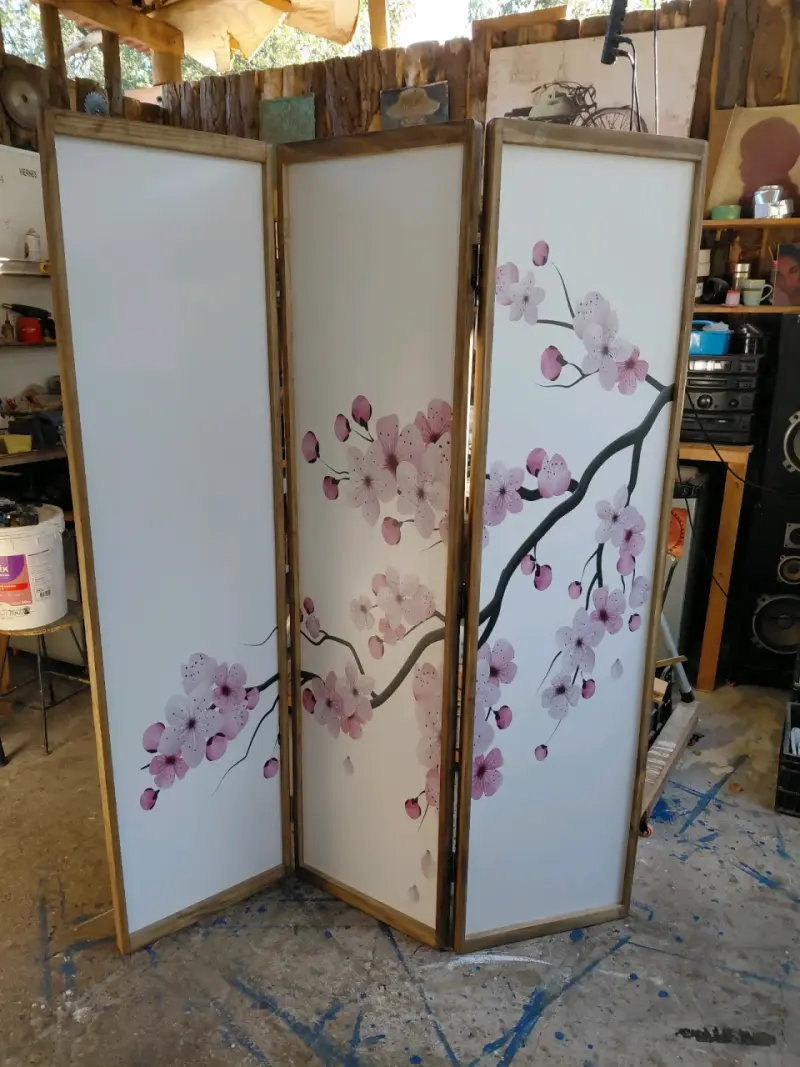 Biombo decorativo con diseño de flores de cerezo - 3