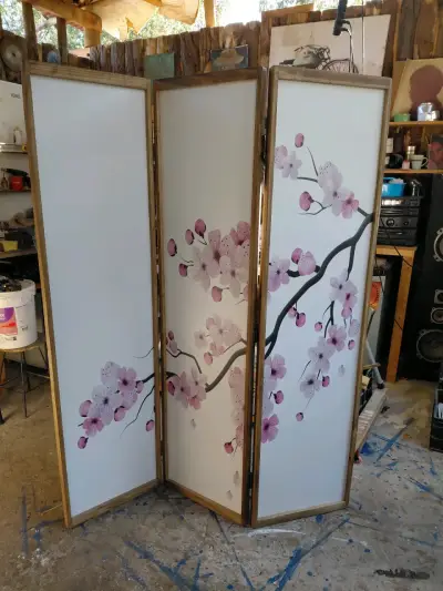 Biombo decorativo con diseño de flores de cerezo - miniatura 3