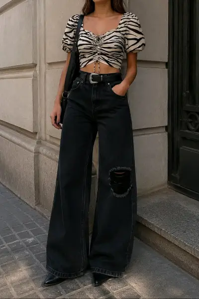 Jeans anchos negros con diseño rasgado - miniatura 1