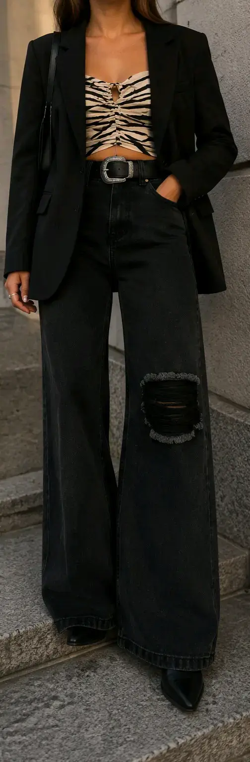 Jeans anchos negros con diseño rasgado - 2
