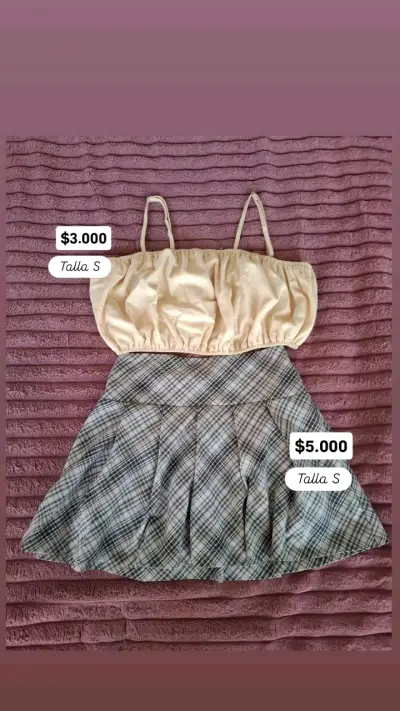 Conjunto de top beige y falda a cuadros - miniatura 4