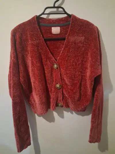 Cárdigan de chenille rojo con botones - miniatura 1