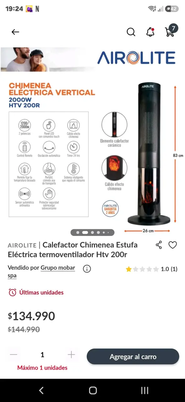 Calefactor Chimenea Eléctrica Vertical Airolite 2000W - 2