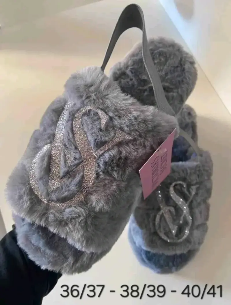 Pantuflas peludas Victoria's Secret beige y gris - 2