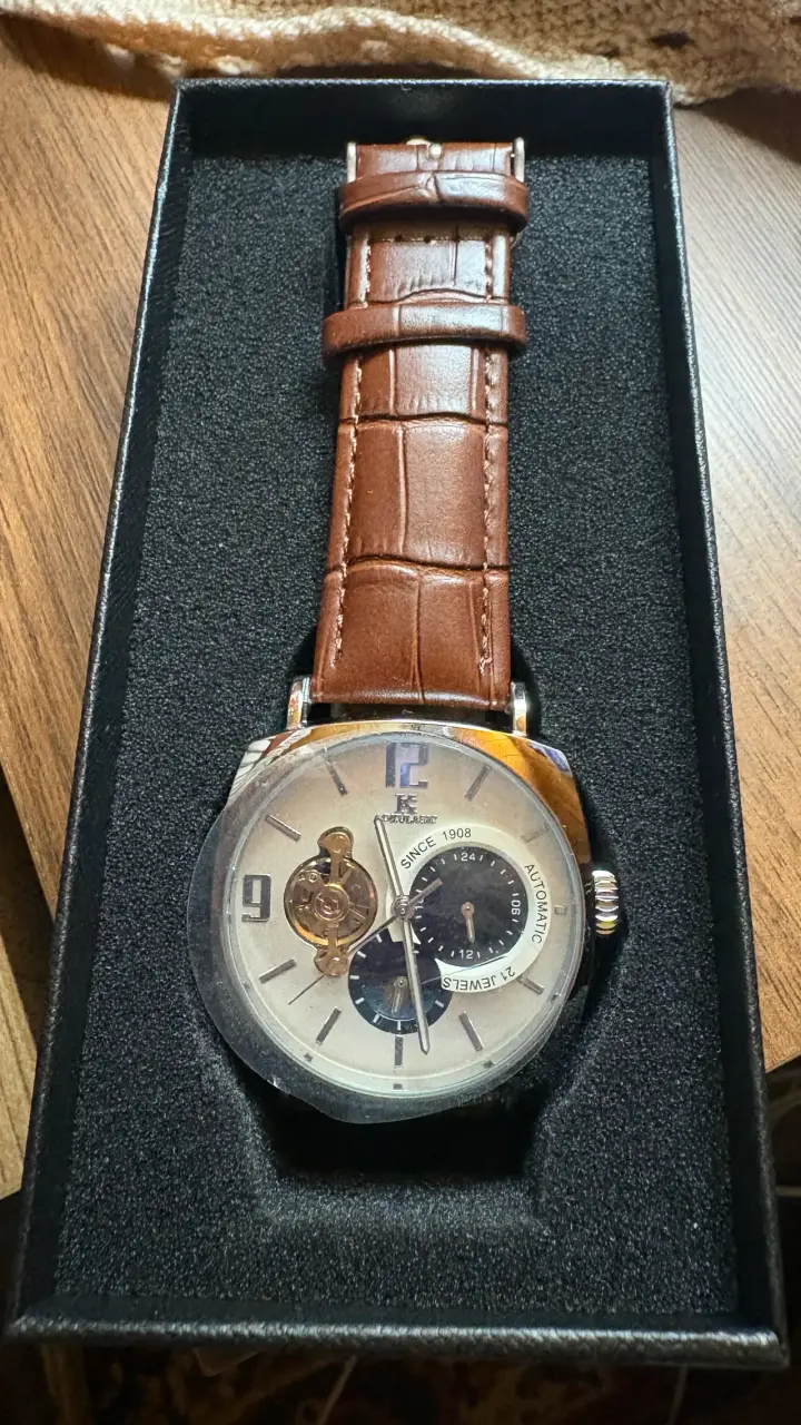 Reloj automático con correa de cuero marrón - 3