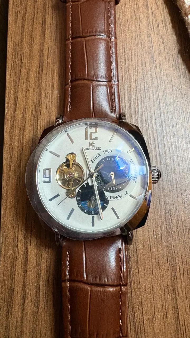Reloj automático con correa de cuero marrón - 5
