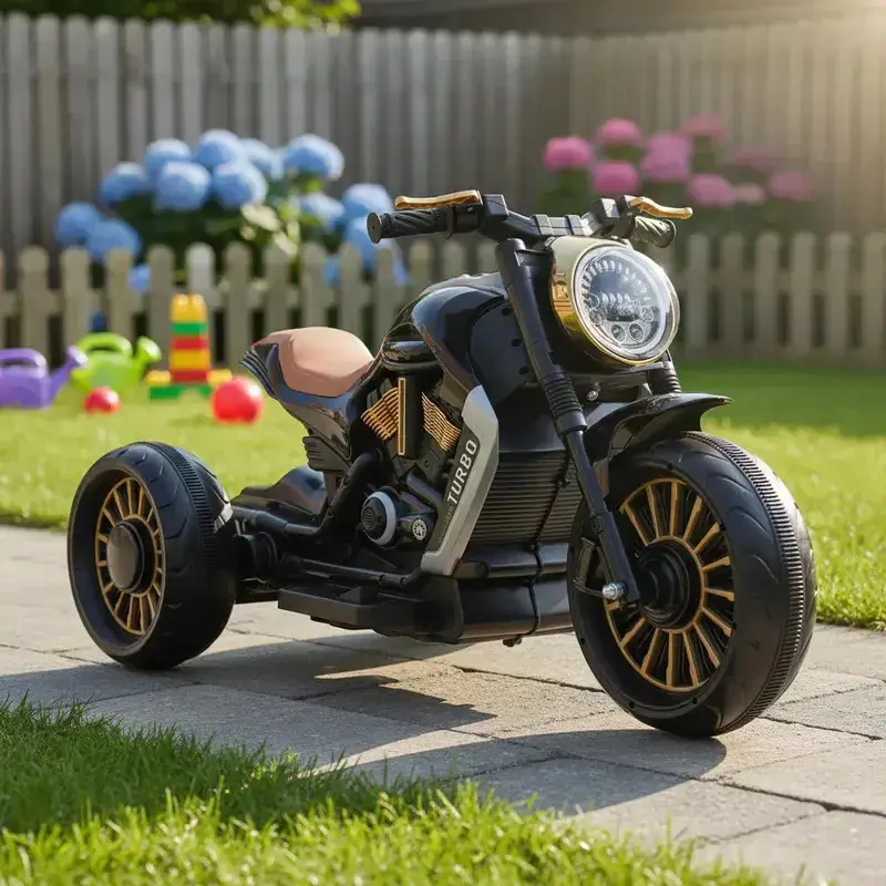 Moto eléctrica infantil negra con detalles dorados