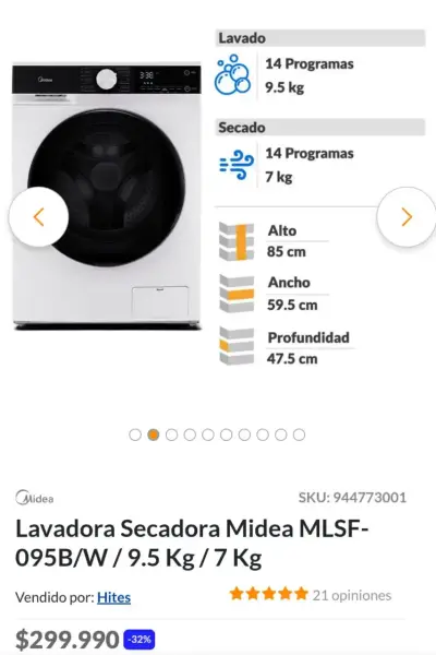 Lavadora Secadora Midea MLSF-095B/W 9.5 Kg - miniatura 3