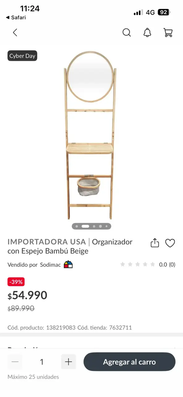 Organizador con espejo de bambú beige - 2