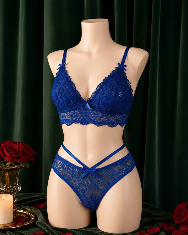 Conjunto de lencería azul de encaje talla S - 1