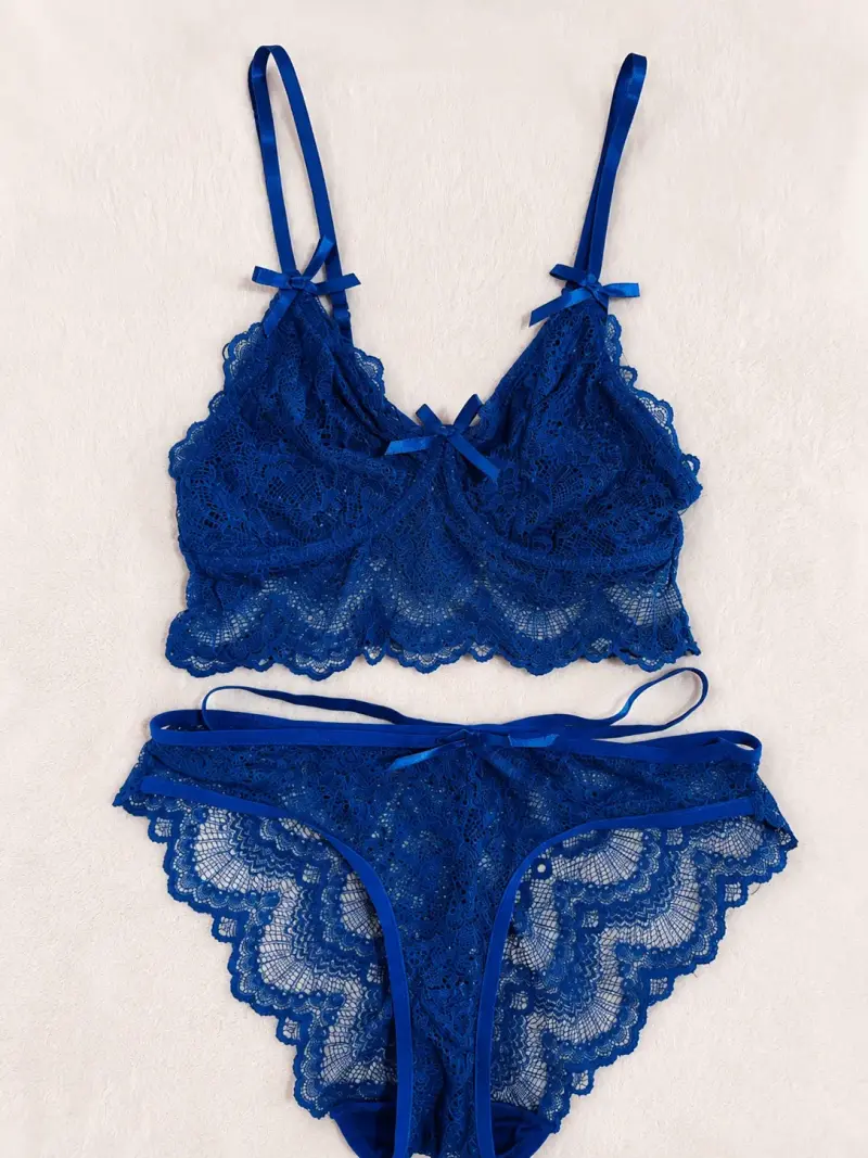 Conjunto de lencería azul de encaje talla S - 2