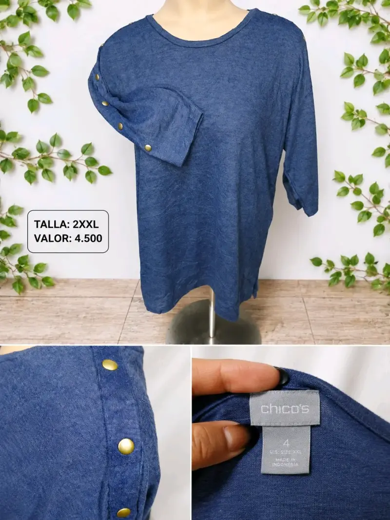 Polera azul con botones dorados Chico's talla XXL