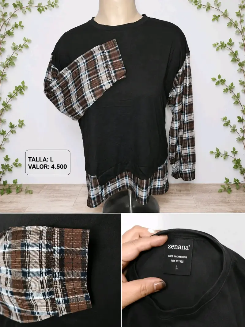 Polera Negra con Mangas a Cuadros Zenana Talla L