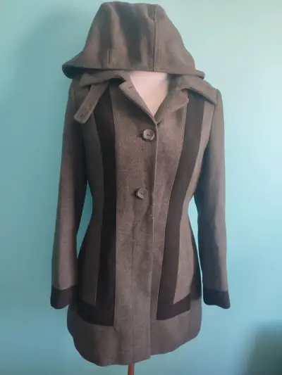 Abrigo de lana gris con capucha para mujer - miniatura 1
