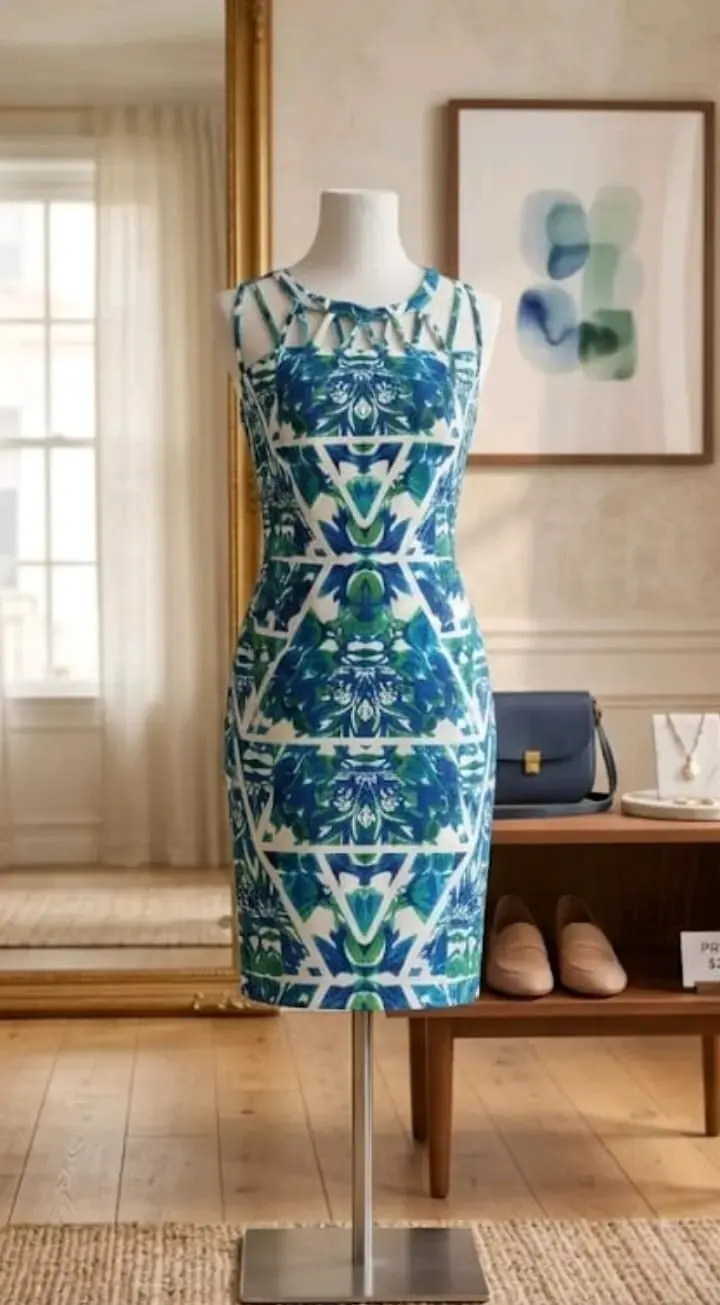 Vestido estampado azul y verde sin mangas